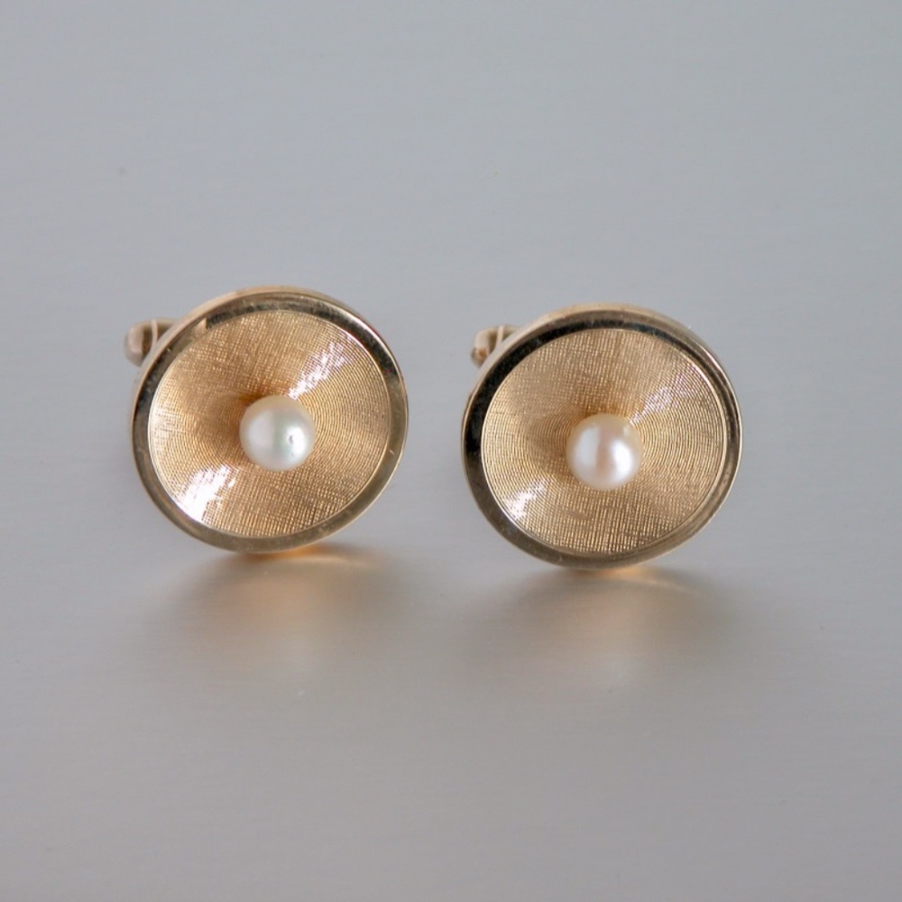 Vtg Mid Century Modern Pearl Cufflinks Gold Tone